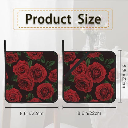 Vintage Red Rose Pot Holder Set of 2,Heat Resistant Potholders Oven Hot Pads for Kitchen Cooking Baking BBQ