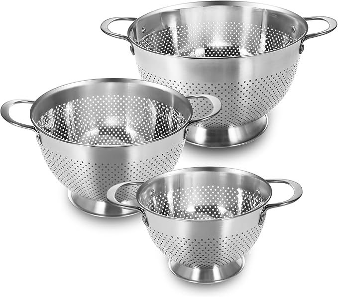 Stainless Steel Colander Set of 3 (1.5-3-5Quart) | Durable Rice and Pasta Strainer with Handle | Oversized Handles | Nesting Design | Rust-Resistant & Dishwasher Safe by EWFEN