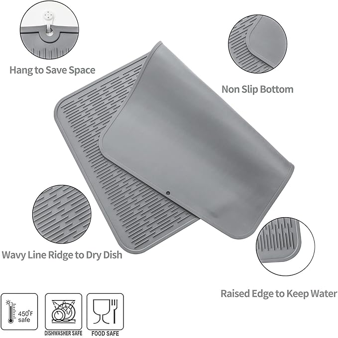 MicoYang Silicone Dish Drying Mat for Multiple Usage,Easy clean,Eco-friendly,Heat-resistant Silicone Mat for Kitchen Counter or Sink,Refrigerator or Drawer Liner Grey 3XL 28 inches x 18 inches - Image 3