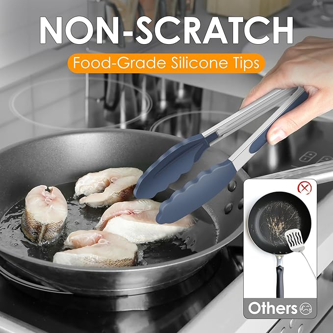 HOTEC Premium Stainless Steel Locking Kitchen Tongs with Silicon Tips, Set of 3-7", 9" and 12" (Dusty Blue) - Image 5