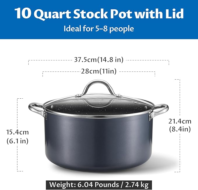 BEZIA 10 Quart Cooking Pot, Large Non Stick Induction Stock Pots with Lid, All Stove Compatible, 10 QT Aluminum Soup/Stew Pot For Large Families or Meal Prepping, Grey - Image 2