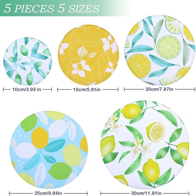 5 Pieces Bowl Covers Reusable, 5 Size Elastic Cloth Bowl Covers for Bread Proofing Stretch Food Covers Washable for Food Fruits Leftover (Lemon) - Image 2