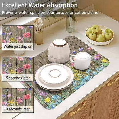 Dish Drying Mat for Kitchen Counter 2 Pack with Non-Slip Rubber Backing - Heat-Resistant Absorbent Coffee Bar Mat, Dish Rack Mat, Wooden Flower Dish Drying Mats 18x24+19.5x12 inch