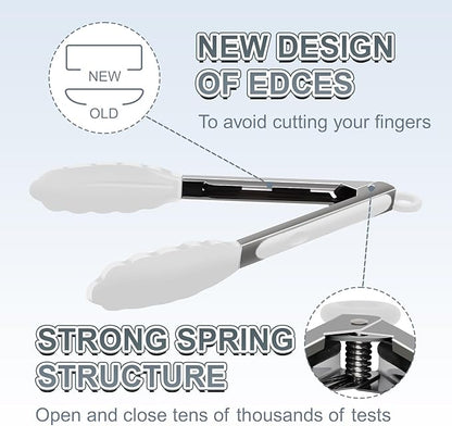 Premium Stainless Steel Heat Resistant Kitchen Tongs for cooking,set of 9" and 12" (White),Non Scratch Silicone cooking Tong Tip for Cooking Pans,Strong Grip BBQ tongs for Grabbing Hot Food - Image 4