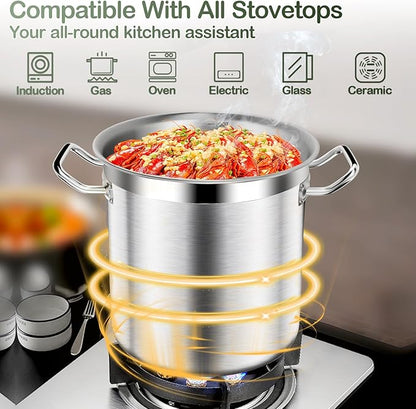 Stock Pot-20QT Stainless Steel Stockpot with Lid, Heavy Duty Tri-Ply Bottom Commercial Grade Large Stock Pot & Stockpots for Boiling Cooking Soup Stew Canning Cooking Pots,Big Stockpot, Deep Cookware