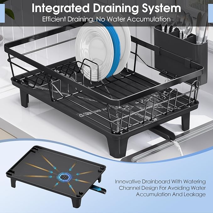 Urackify Dish Drying Rack for Kitchen Counter, Sink Dish Rack with Drainboard 12.2" W x 16.5" L, Large Dish Drainer with Cutlery Holder, Home Countertop Plate Dryer Storage Rack, Black - Image 4