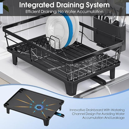 Urackify Dish Drying Rack for Kitchen Counter, Sink Dish Rack with Drainboard 12.2" W x 16.5" L, Large Dish Drainer with Cutlery Holder, Home Countertop Plate Dryer Storage Rack, Black - Image 4