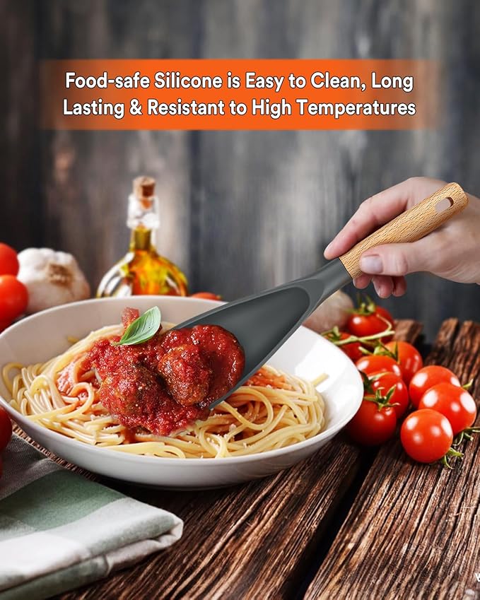 Cooking Spoon for Nonstick Cookwares, Great for Cooking and Serving Sturdy BPA-Free Matte Silicone, Wood Handle Spoon for Mixing, Scoop, and Scrape (2 Pack of Grey, 11.4 inch) - Image 4