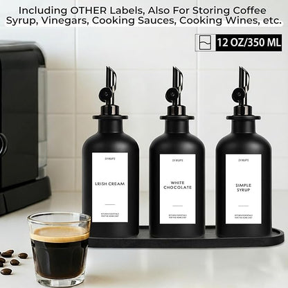 3PCS Olive Oil Dispenser Bottle For Kitchen, Soy Sauce Dispenser, Dark Glass Bottles for Oil and Vinegar Dispenser Set W. Wooden Tray & Labels & 3 Replacement Spouts, Coffee Syrup Dispenser(Black) - Image 8