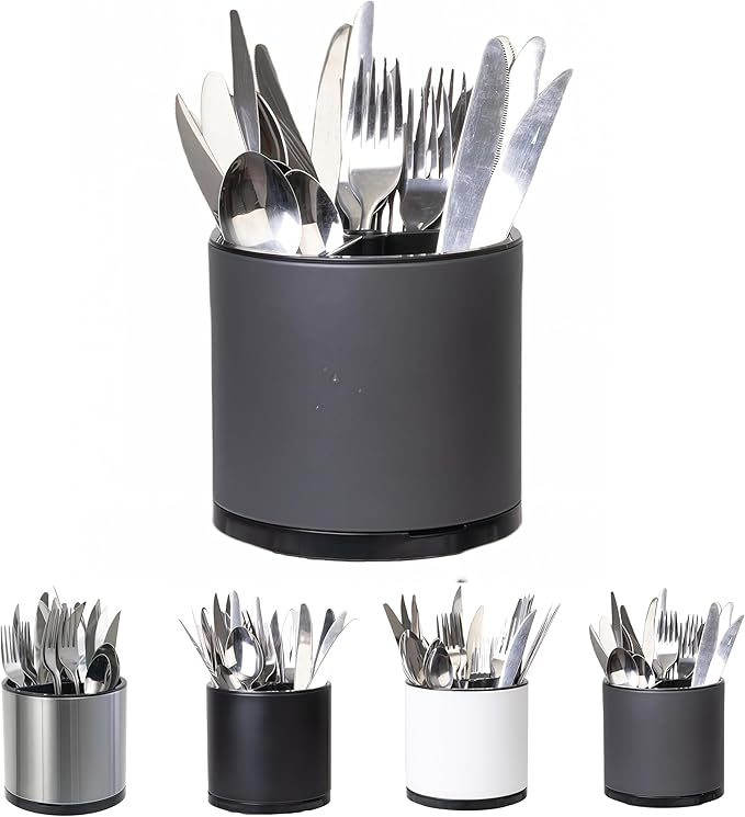 LIBODOUR Silverware Organizer Kitchen Utensil Holder 360°Rotating For Counter Organizer Stainless Steel Storage Silverware Caddy 3 Compartment Flatware Spoon Spatula Tool Cutlery Container(Grey) by ModernandFarmhouseUtensilHolder