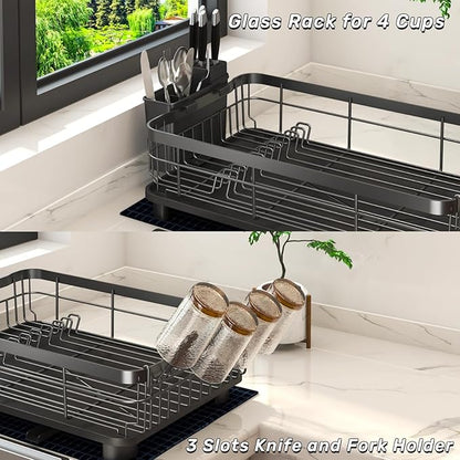 Godboat Dish Drying Rack, Dish Rack with Auto-Drain & Mat, Dish Drainers for Kitchen Counter, Glass Organizer for 4 Cups, 3 Slots Utensil Holder, Gifts for Women Mothers Day, Kitchen Gadgets & Decor - Image 7