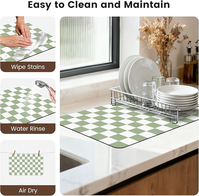 12" x 20" Checkered Dish Drying Mat for Kitchen Counter, Absorbent Coffee Bar Mat for Espresso Machine Coffee Countertops Accessories, Sage - Image 7