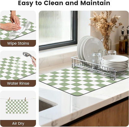 16" x 24" Checkered Dish Drying Mat for Kitchen Counter, Absorbent Coffee Bar Mat for Espresso Machine Coffee Countertops Accessories, Sage - Image 7