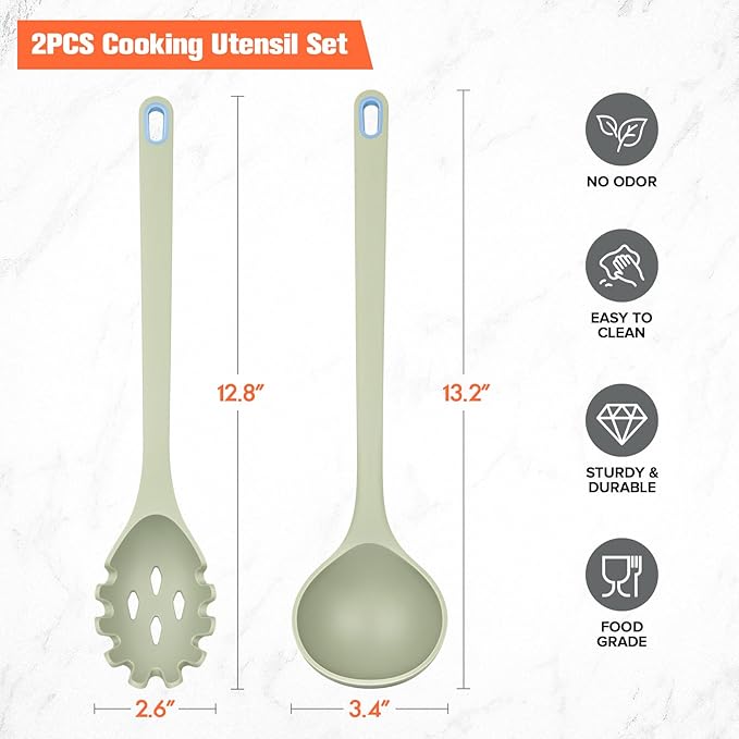 Silicone Spaghetti Spoon&Soup Ladle Cooking Utensils Set of 2,No Scratch for Nonstick Cookware,BPA Free, 450℉ Heat Resistant (Green) - Image 6