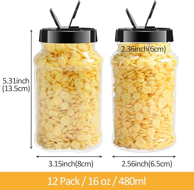 12 Pack 16 oz Clear Plastic Spice Jars With Black Plastic Lids, Spice Bottles, Seasoning Containers with Chalk Labels, Pen, Spices Containers For Kitchen Cabinet - Image 2