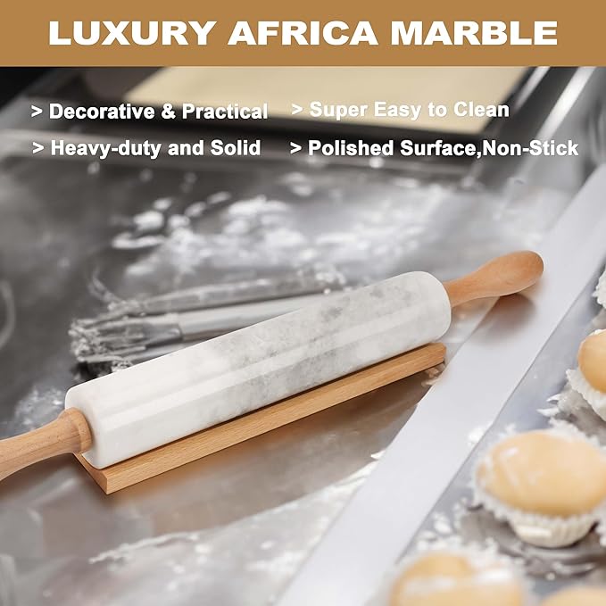 Koville African Natural Marble Rolling Pin, Non-Stick Polished Dough Roller, Pasta, Dumpling, Fondant, Pie Crust, Bread, Pizza Dough, Kitchen Baking Pastry Tools with Mat/Scraper（Namib Fantasy） - Image 3