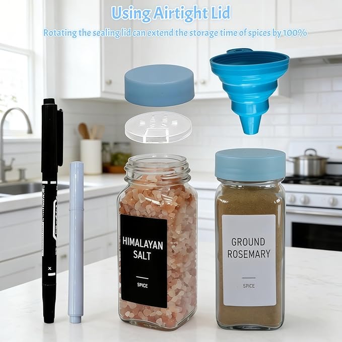 Spice Jars with Labels - 24 Glass Spice with Shaker Lids & Airtight Plastic Caps - 4oz Complete Seasoning Containers Organizer Set for Cabinet, Drawer & Rack (Skyblue) - Image 5