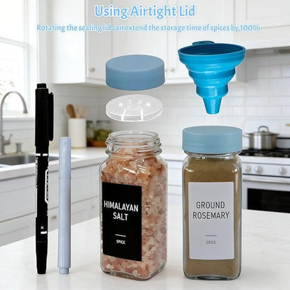 Spice Jars with Labels - 24 Glass Spice with Shaker Lids & Airtight Plastic Caps - 4oz Complete Seasoning Containers Organizer Set for Cabinet, Drawer & Rack (Skyblue) - Image 5