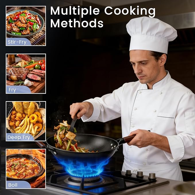 Carbon Steel Wok - 13" Woks & Stir-Fry Pans Nonstick, Wok with Lid, Fast Heat Conduction, Uniform Heat Conduction Flat Bottom Woks, Professional Chef Cookware - Image 7
