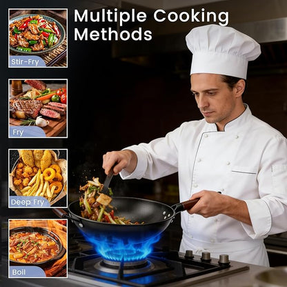 Carbon Steel Wok - 13" Woks & Stir-Fry Pans Nonstick, Wok with Lid, Fast Heat Conduction, Uniform Heat Conduction Flat Bottom Woks, Professional Chef Cookware - Image 7