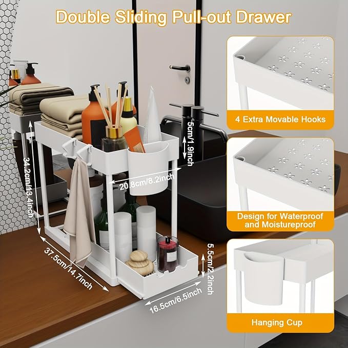 2 Pack Under Sink Organizers and Storage, 2-Tier Sliding Cabinet Organizer Drawer for Bathroom and Kitchen – Multi-Purpose Cabinet Organizer with Easy Pull-Out Design (White) - Image 2