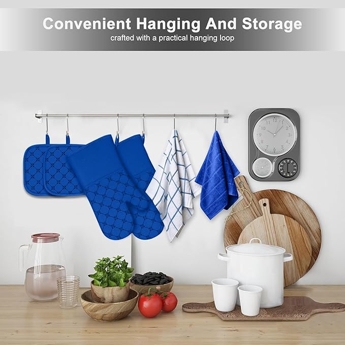 Oven Mitts Kitchen Towels Dishcloths with Pot Holders Sets, Dish Towels Sets, Oven Gloves Pot Pads Heat Resistant 500 Degrees with Non-Slip Silicone Surface for Cooking Baking Grilling-Royal Blue - Image 7