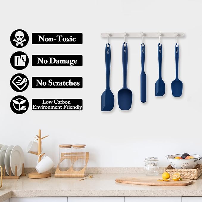 HOTEC 600℉ Heat Resistant BPA-Free Silicone Rubber Spatula Set, Kitchen Cooking Spatulas, Baking, Mixing, for Non Stick Cookware, Dishwasher Safe, Classic Blue Set of 5 - Image 5