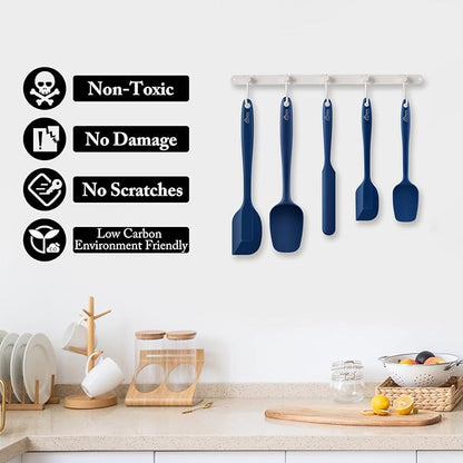 HOTEC 600℉ Heat Resistant BPA-Free Silicone Rubber Spatula Set, Kitchen Cooking Spatulas, Baking, Mixing, for Non Stick Cookware, Dishwasher Safe, Classic Blue Set of 5 - Image 5