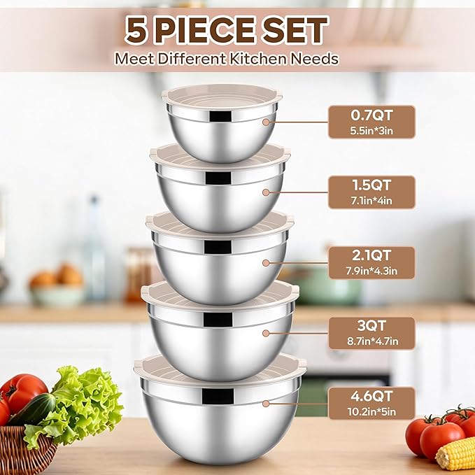 E-far Mixing Bowls With Lids Sets of 5, 10-Piece Stainless Steel Salad Metal Nesting Bowl for Baking Cooking and Prepping, Airtight Lid & Stackable Design, Size 4.6, 3, 2.1, 1.5, 0.7 QT, Khaki - Image 2