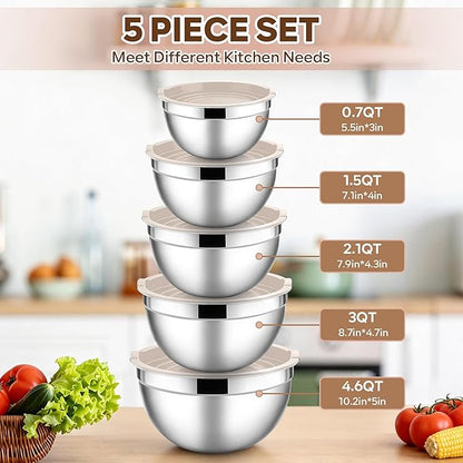 E-far Mixing Bowls With Lids Sets of 5, 10-Piece Stainless Steel Salad Metal Nesting Bowl for Baking Cooking and Prepping, Airtight Lid & Stackable Design, Size 4.6, 3, 2.1, 1.5, 0.7 QT, Khaki - Image 2