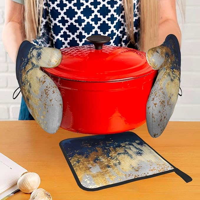 Blue and Gold Watercolor Abstract Oven Mitts and Pot Holder Sets of 3, Non-Slip Heat Resistant Decor Navy Kitchen Gloves with Hanging Loop for Cooking Baking Grilling, Kitchen Gifts for Cooking Lover - Image 3