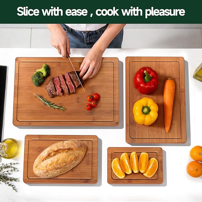 4-Piece Set Bamboo Cutting Board for Kitchen - Crack-Resistant Wood Chopping Boards with Deep Juice Grooves, Pre-Oiled Butcher Block for Meat, Vegetables & Cheese, Carbonized - Image 7