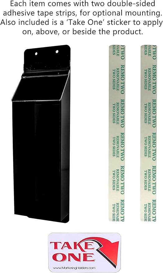 Outdoor Brochure Holder Holds 4" x 9" Rack Cards Black and Clear Acrylic Wall Mount Pamphlets Box with Lid and Take One Sticker and Adhesive Strips by Marketing Holders