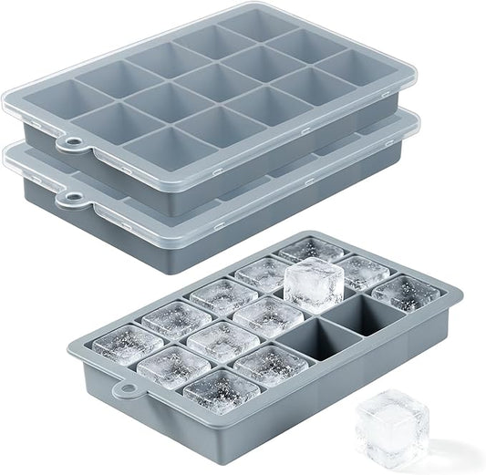 Premium Silicone Ice Cube Trays with Lid - 15 Large Square Ice Cubes for Whiskey, Cocktails, Coffee & More - BPA Free, Stackable, Easy Release & Dishwasher Safe - Gray-2pack