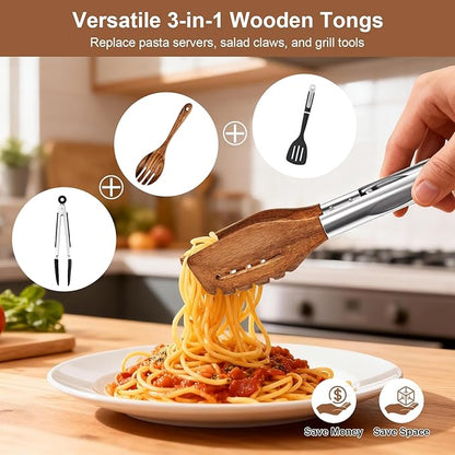 2 Pack 3-in-1 Wooden Tongs for Cooking(12", 15") Natural Walnut Wood kitchen Tongs, Nonstick Heat Resistant Cooking Tongs for Serving, Pasta, Salad, Grilling | Stainless Steel Non-Slip Grip, Pull Lock