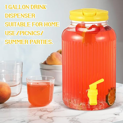 SiliFine 2 Pieces 1 Gallon Plastic Beverage Dispenser with Spigot Striped Clear Large Drink Beverage Dispenser Summer Fridge Water Container with Tap for Party Iced Tea, Sangria, Lemonade(Yellow)