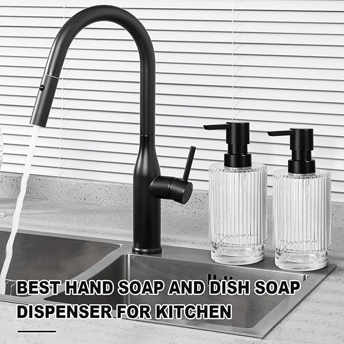 VIMERPA Glass Soap Dispenser with Pump, 2 Pack 11 fl oz Clear Hand Soap Dispensers for Bathroom, Ribbed Style Dish Soap Dispenser for Kitchen, Modern Refillable Liquid Soap Pump Bottle
