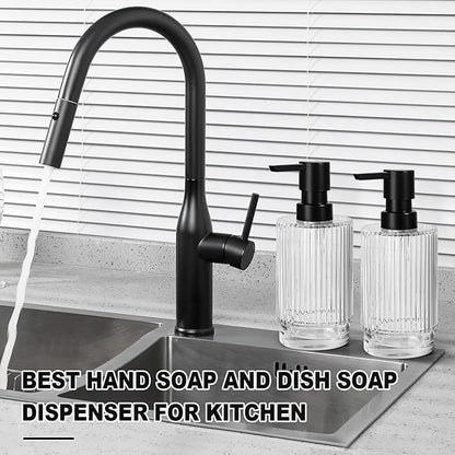VIMERPA Glass Soap Dispenser with Pump, 2 Pack 11 fl oz Clear Hand Soap Dispensers for Bathroom, Ribbed Style Dish Soap Dispenser for Kitchen, Modern Refillable Liquid Soap Pump Bottle