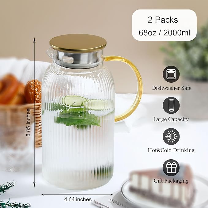 2 PACK Glass Pitcher with Lid, 68oz/2Liter Borosilicate Glass Water Pitcher, Heat Resistant Vertical Striped Water Carafe for Iced Tea, Fruit Tea, and Hot Beverages, Dishwasher Safe