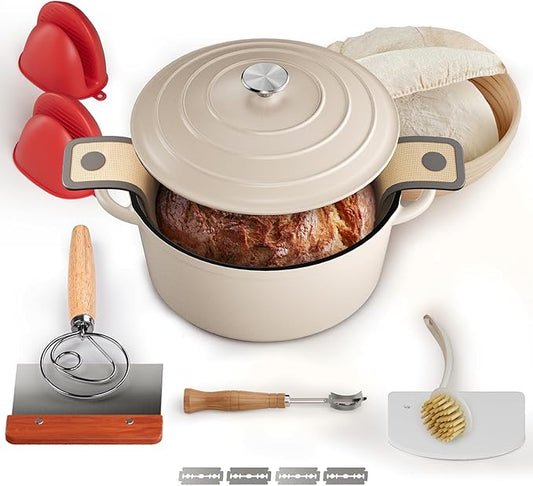 Cast Iron Dutch Oven for Bread Baking, With Banneton Bread Proofing Basket & Sourdough Baking Supplies, 5QT Multi-Functional Enameled Dutch Oven Pot with Lid, Cast Iron Bread Pan, White by MakeLifeMoreComfortable