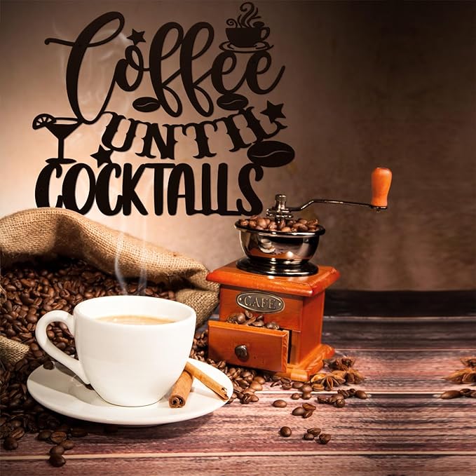 Ferraycle Coffee Bar Decor, 12 x 10.2 Inch Sign for Wall Metal Rustic Hanging Wall Art Vintage Black Cup Letter Sign for Cafe Home Office Kitchen(Coffee Until Cocktails) - Image 4
