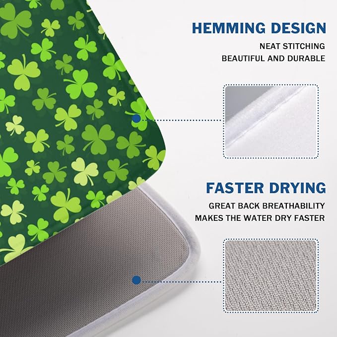 St. Patrick's Day Dish Drying Mat for Kitchen Counter,Irish Green Shamrocks Clover Leaves Drying Mat 18 x 24 Inch with Absorbent Reversible Microfiber Dish Drying Pad for Coffee Bar - Image 4