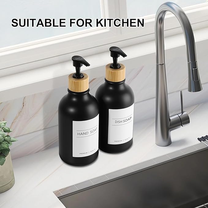 KASUNTING Black Soap Dispenser, 4 Pack Hand Soap Dispenser Bathroom with Bamboo Pump,17 Fl Oz Plastic Hand and Dish Dispenser Set for Kitchen, Refillable Liquid Soap and Lotion Dispensers Bottle - Image 7