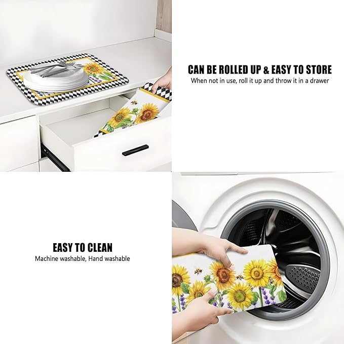 Dish Drying Mat for Kitchen Counter 2 Pack with Non-Slip Rubber Backing - Heat-Resistant Absorbent Coffee Bar Mat, Dish Rack Mat, Sunflower Dish Drying Mats 18x24+19.5x12 inch