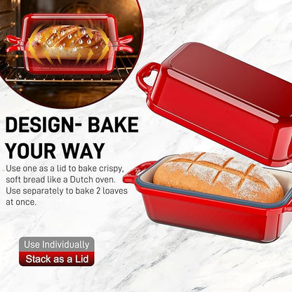 Enameled Cast Iron Dutch Oven for Sourdough Bread Baking, 8.5 x 4.5Inch Oval Cast Iron Bread Pan with Lid, 2PCS Dutch Oven for Homemade Sourdough Baking, Meatloaf Pan, Oven Safe, Red