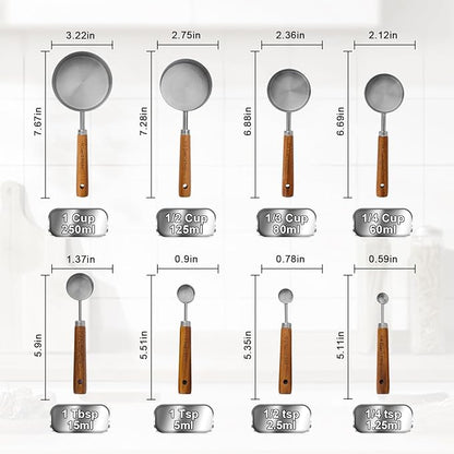 Measuring Cups and Spoons Set,Premium Stainless Steel Measuring Cups and Spoons Set with Wood Handle, 8-Pieces Kitchen Essentials for Baking, Coffee with Ergonomic Grip & Engraved Markings(Silver8)