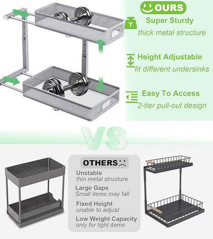 Under Sink Organizer 2 Pack, High Adjustable 2 Tier Under Sink Organizers and Storage, Slide out Metal Cabinet Organizers, Pull out Storage Drawer Shelf for Kitchen Bathroom Cabinet