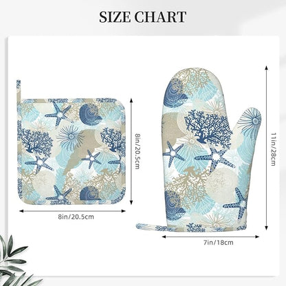 Nautical Coastal Oven Mitts and Pot Holders Set of 4 Silicone Starfish Seashell Coral Algae Beach Themed Blue Kitchen Mitten Gloves Potholders Set Oven Gloves Hot Holders for BBQ