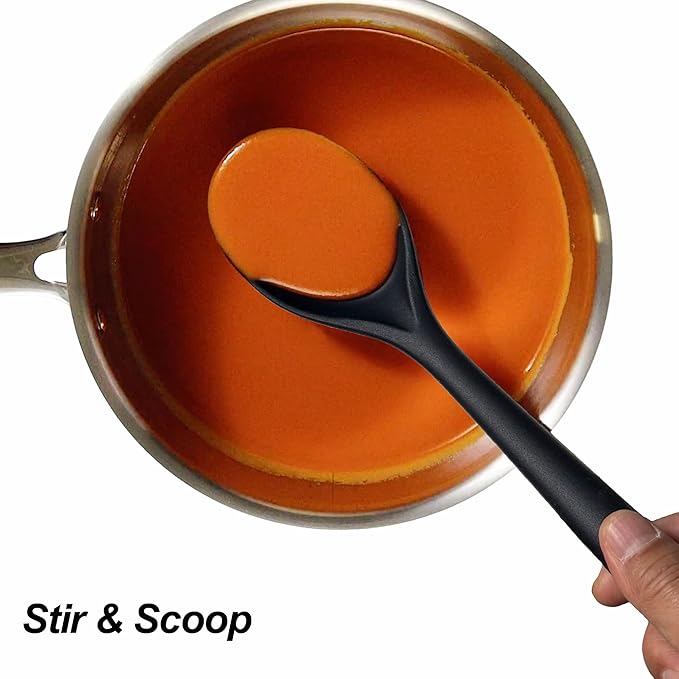 Silicone Spoons for Cooking - Kitchen Spoons for Mixing, Serving, & Stirring - 600°F Heat-Resistant Non Stick Utensils Ladle & Skimmer- Dishwasher Safe, Black,10.3IN