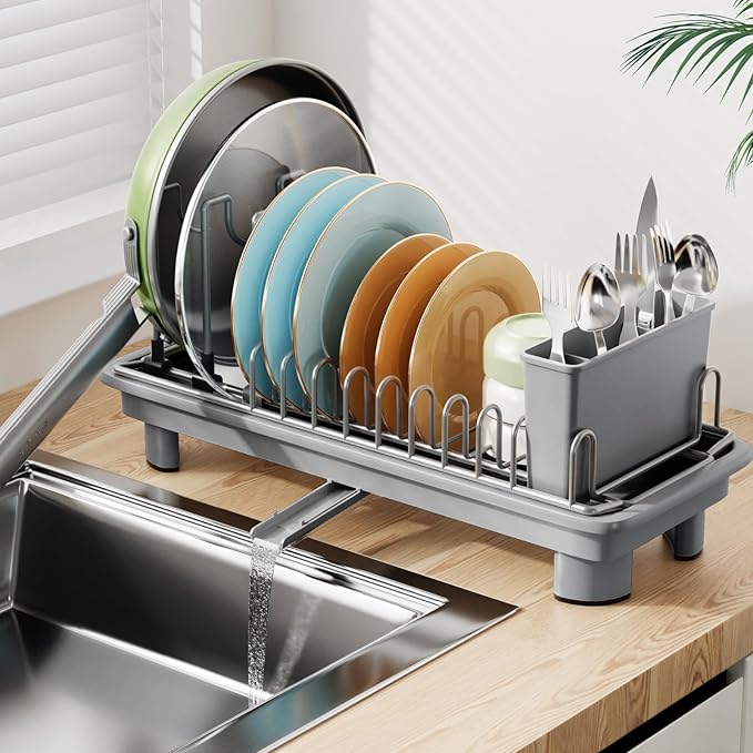Laveshop Small Dish Drying Rack, Compact Dish Drainer for Kitchen Counter, with Adjustable Back Slots, Space-Saving for Small Kitchens, Gray by Unknown